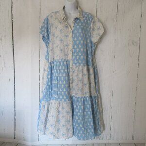 April Cornell Dress XXL Blue Floral Midi Prairie Cottagecore Short Sleeve